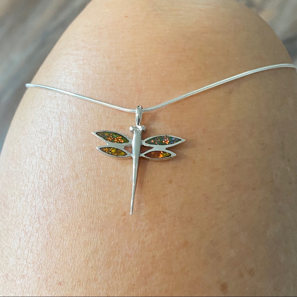 Silver Black Lab Opal Dragonfly Necklace, Silver Necklaces, Spirit Bug Chain